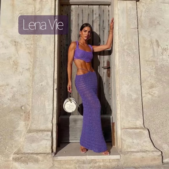 Cosmo Knitted Maxi Skirt+Top Beachwear Set, Summer Skirt Set In Purple - Picture 10 of 10